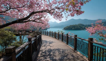Curving path shaded by cherry blossoms over blue water, green island and mountains