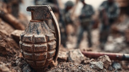 Rusted hand grenade on battlefield with soldiers in background