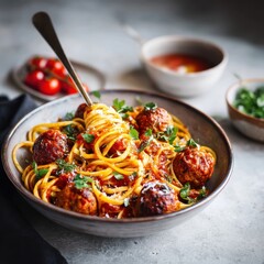 Delicious Italian pasta dishes with tomato sauce and seafood served on plates