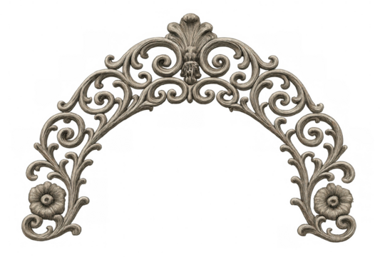 Intricate floral and foliate patterns intertwining to form an arch-shaped decorative ornament, isolated on transparent background, ideal for design projects