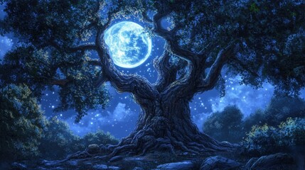 Ancient tree moonlit night mystical forest scene