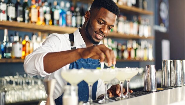 Un atractivo joven camarero prepara un c&oacute;ctel en un bar