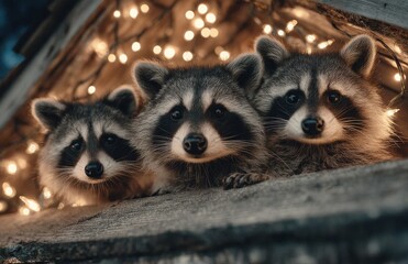 Fototapeta premium Three curious raccoons peeking from wooden structure with fairy lights