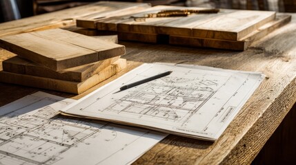 Wooden Planks and Architectural Blueprints on a Desk