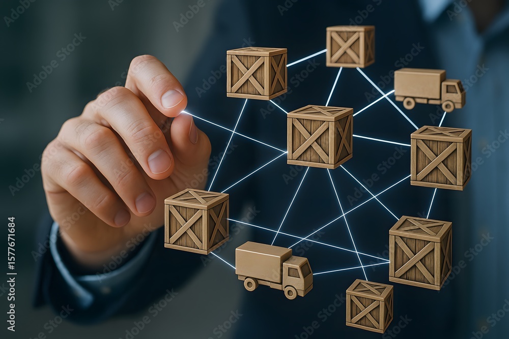 Poster an intricate network of interconnected shipping boxes and delivery trucks, a symbol of efficient glo