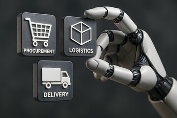 A Robotic hand interacts with a series of icons representing various aspects of supply chain management, embodying concepts of automation and modern industry in a sleek, high-tech environment.