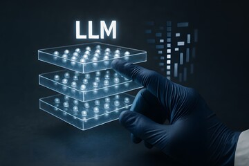 Illuminating the future of technology, A digital artist's representation of innovation, a hand wearing gloves interacts with a vibrant, multi-layered visual representation of an LLM symbol.