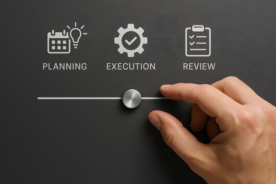 A conceptual image of a hand manipulating a slider to progress through the stages of a project, illustrating the sequential process of planning, execution, and review.