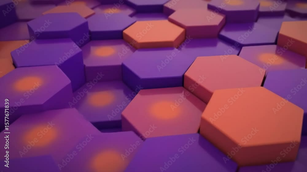 Poster seamless hexagon background animation with purple and orange colors for modern tech design
