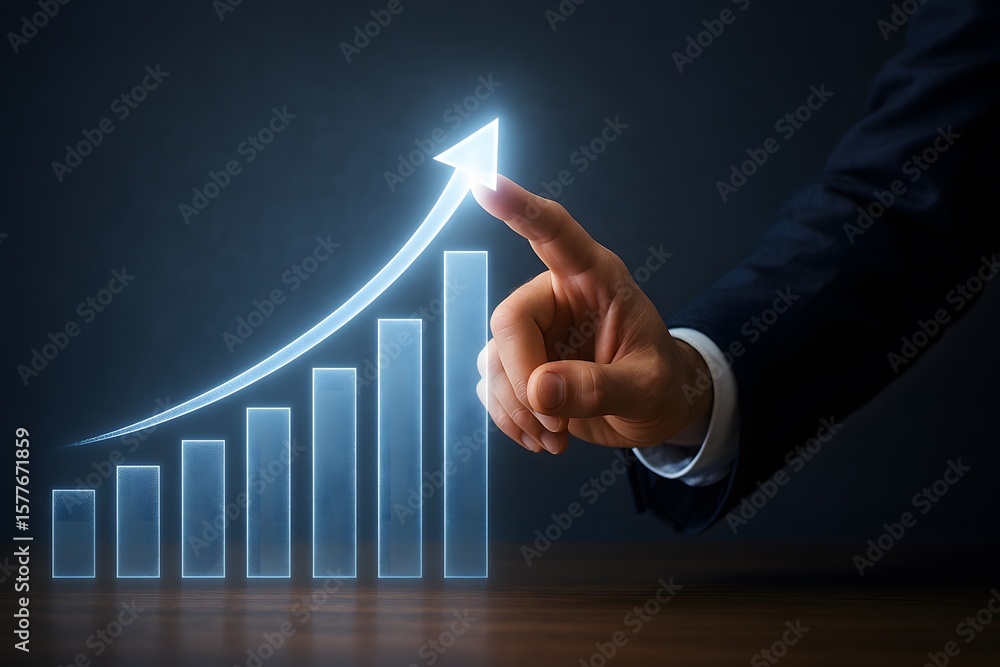 Poster a symbolic gesture of upward growth as a hand guides a luminous arrow over a rising bar graph, encap