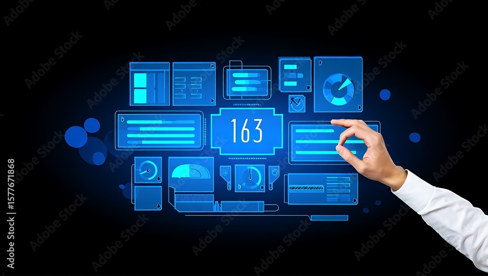 Poster futuristic data interface controlled by hand gesture, high-tech dashboard with interactive human con