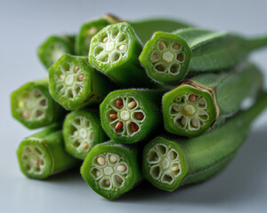 Stacked fresh okra pods, vibrant green cross-sections revealing seeds, on light backdrop