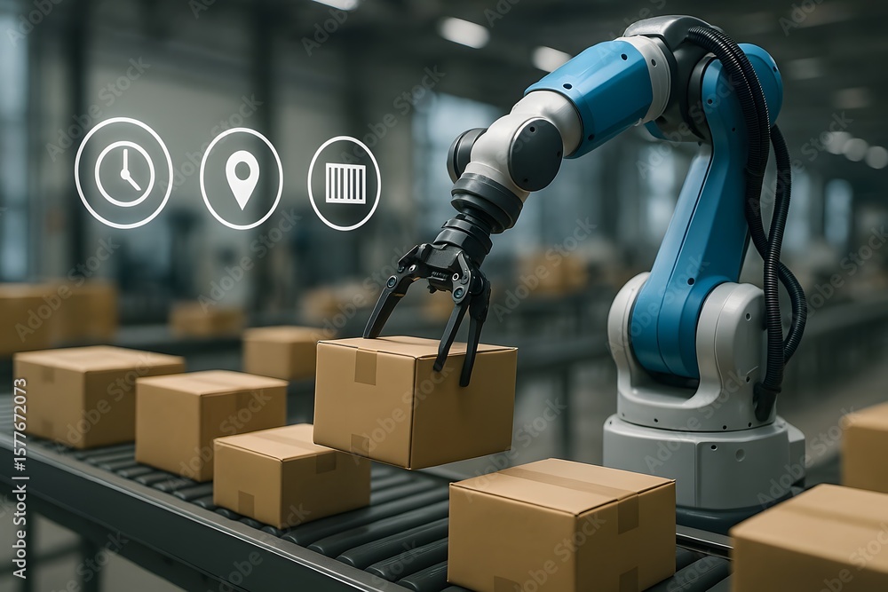 Poster a robotic arm efficiently picks up a cardboard box within a modern factory, showcasing automated pre