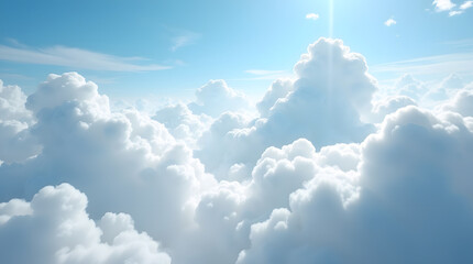 A beautiful, serene view from above the clouds on a bright sunny day. A peaceful sky background representing freedom, dreams, heaven, and tranquility. Pure nature.