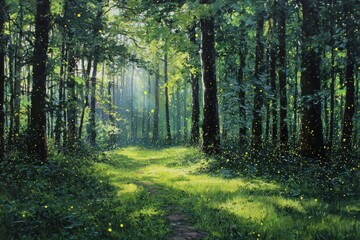 Fototapeta premium Sunlit forest path with green grass & trees; tiny flying lights add magic to nature scene