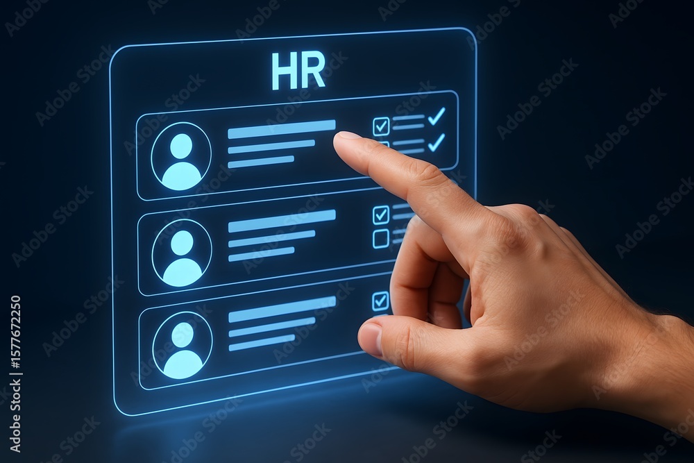 Poster a digital interface showcases the human resources selection process, with a finger selecting from a 