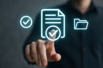 A finger pointing towards the agreement or confirmation of data, indicating the approval or acceptance of a document in a digital setting.