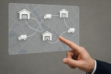 A conceptual depiction of logistics and supply chain management, a hand pointing to interconnected icons representing warehouses, transportation networks, and delivery vehicles.