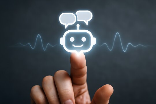 An interactive digital avatar interacts with user, represented by a digital finger, initiating a conversation via speech bubbles.