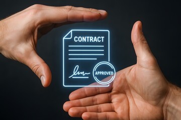 A symbolic representation of a legally binding agreement. A glowing contract hovers between outstretched hands, signifying approval.
