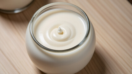 Creamy Homemade Yogurt in Glass Jar on Wooden Table, Healthy Breakfast Food, Top View