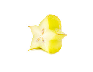 Fresh yellow carambola (starfruit) cut crosswise, clearly showing its star shape and seeds, isolated on a white background. Bright, detailed photo perfect for culinary, exotic, fruit, and botanical th
