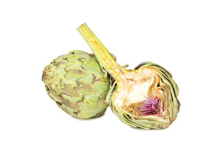 Fresh green artichoke cut in half, clearly showing the structure of the leaves and heart, isolated on a white background. Bright, detailed photo perfect for culinary, dietary, vegetarian, and botanica