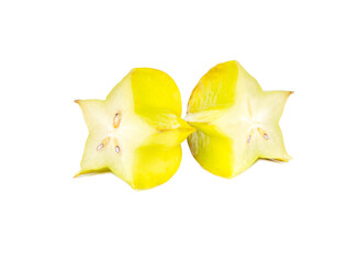 Fresh yellow carambola (starfruit) cut crosswise, clearly showing its star shape and seeds, isolated on a white background. Bright, detailed photo perfect for culinary, exotic, fruit, and botanical th