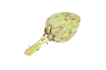 Fresh green artichoke isolated on a white background. The vegetable is shown at an angle,...