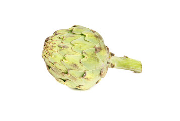 Fresh green artichoke isolated on a clean white background. The vegetable is positioned at an...