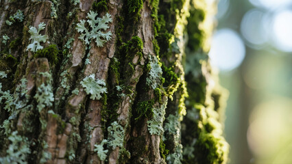 Detailed texture of tree bark covered in moss and lichen, earthy and organic.