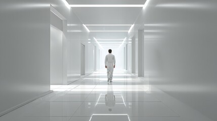 young man walking through a sterile white corridor with minimalist design. Clinical overhead lighting creating sharp shadows, Person shown from behind approaching an intersection