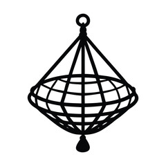 a black and white illustration of a globe hanging from a chain.