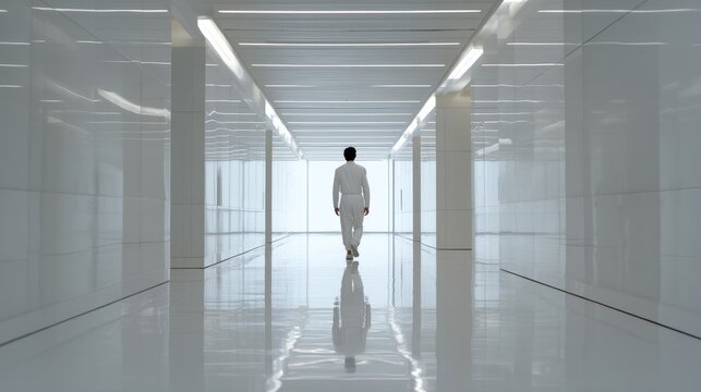 young man walking through a sterile white corridor with minimalist design. Clinical overhead lighting creating sharp shadows, Person shown from behind approaching an intersection - Powered by Adobe