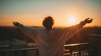 Young man with arms outstretched breathing in fresh air during sunrise at the balcony. boy enjoying nature