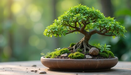 Bonsai tree in serene garden setting