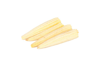 Fresh baby corn cobs arranged on a clean white background. The image highlights the texture and detail of the young corn, making it suitable for culinary, agricultural, and healthy food concepts.