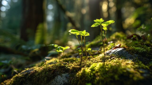 Young Saplings Emerging on Mossy Rock in Sunlit Forest