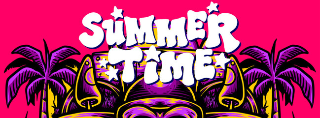 Bold graffiti “SUMMER TIME” lettering with palm trees and skull on vibrant pink background. Ideal for tropical streetwear, festival posters, or summer branding.