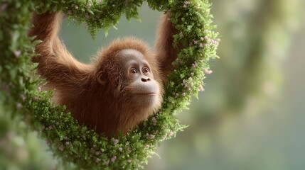 Obraz premium Adorable Baby Orangutan Hanging in a Heart-Shaped Frame of Green Foliage and Flowers