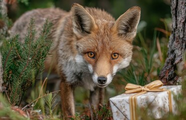 Obraz premium Red fox looking at a christmas gift in a forest