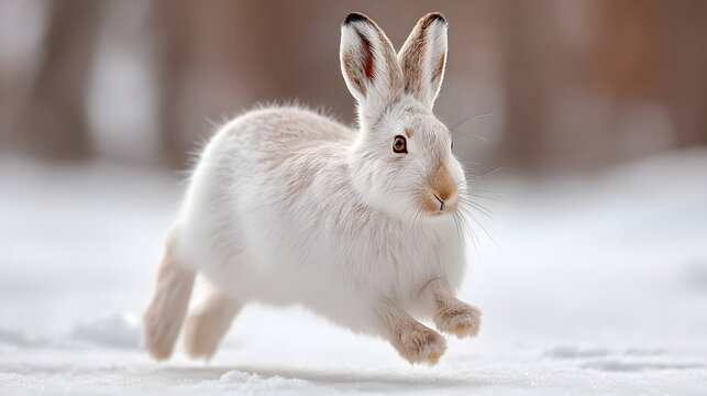 White rabbit jumping through fresh snow in a serene winter landscape during daylight hours