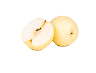 Two ripe Nashi pears, one whole and one cut in half, displayed on a clean white background. The image highlights their smooth, pale yellow skin and crisp, juicy texture, making it ideal for concepts r
