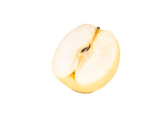 Fresh Nashi pear, cut in half to reveal its crisp, juicy interior and visible seeds, displayed on a clean white background