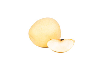 Vibrant Asian pear, elegantly sliced to reveal its crisp, juicy interior and delicate seeds, sits against a pure white background. The fruits smooth, golden-yellow skin and refreshing texture evoke a 