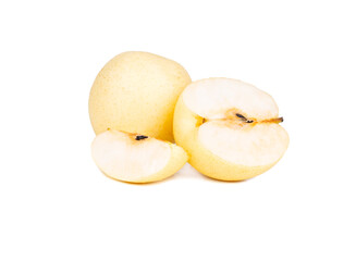 whole and sliced Asian pear (Nashi) displayed on a clean white background