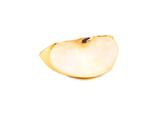 Close-up of a single fresh pear slice with a visible seed, isolated on a clean white background. Perfect for illustrating concepts of healthy eating, fruits, organic products, or culinary themes