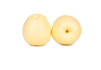 Two ripe Nashi pears, also known as Asian pears, displayed side by side on a pure white background