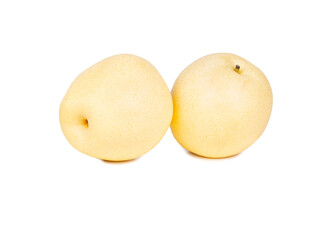 Two ripe Nashi pears, also known as Asian pears, displayed side by side on a pure white background
