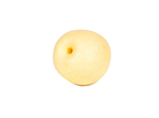 Fresh Asian pear (Nashi), also known as apple pear, isolated on a clean white background. The image showcases the round shape, golden-yellow skin with fine speckles, and crisp texture of the fruit. Pe
